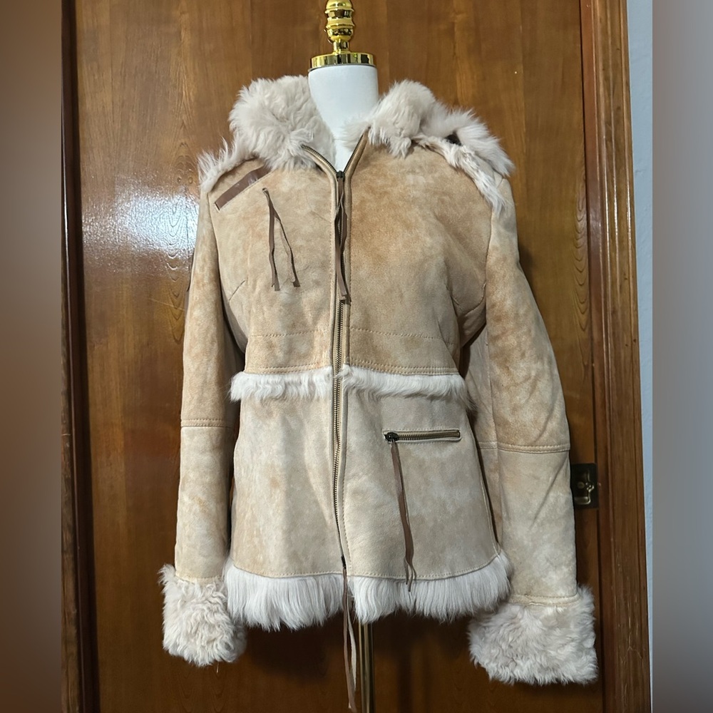 Patrizia Pepe Tan Genuine Shearling Sheepskin Lined Jacket M